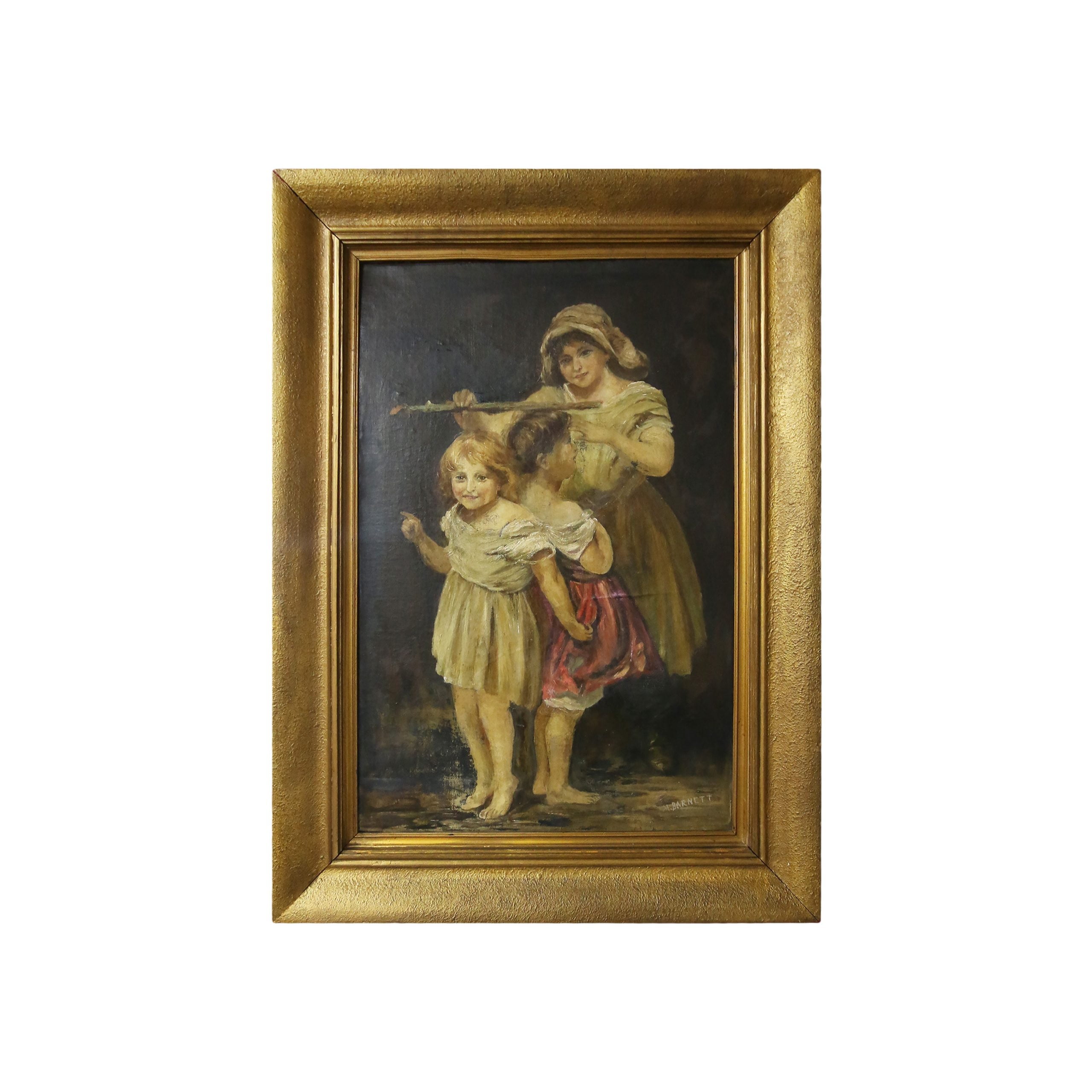 Antique oil painting mother with children