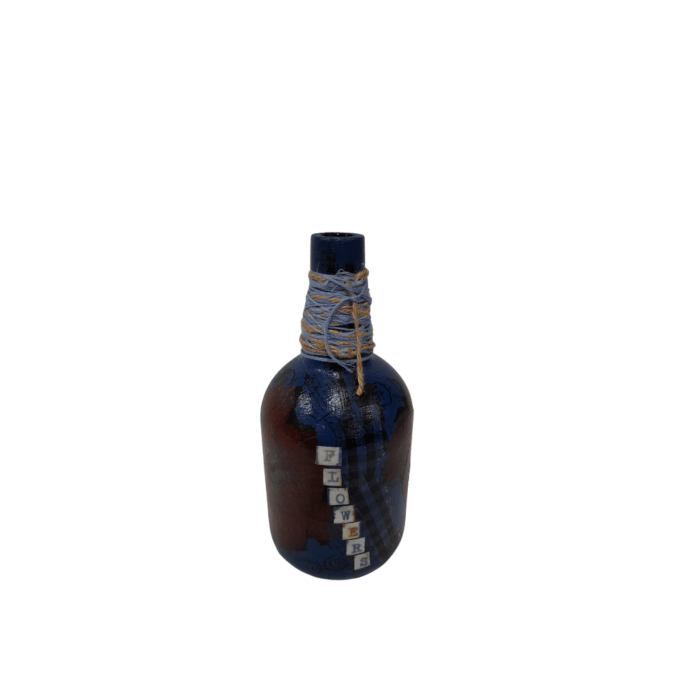 Medium bottle blue with red flower and blue twine