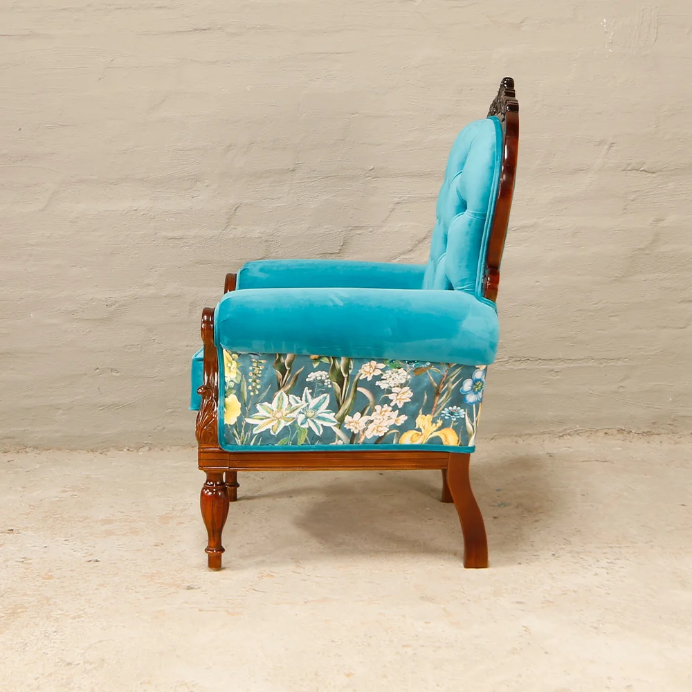 victorian carved armchairs in turqoise hues