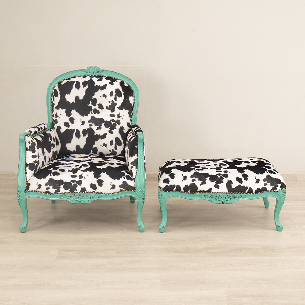 Cow Hide Armchair and Footstool - Image 4