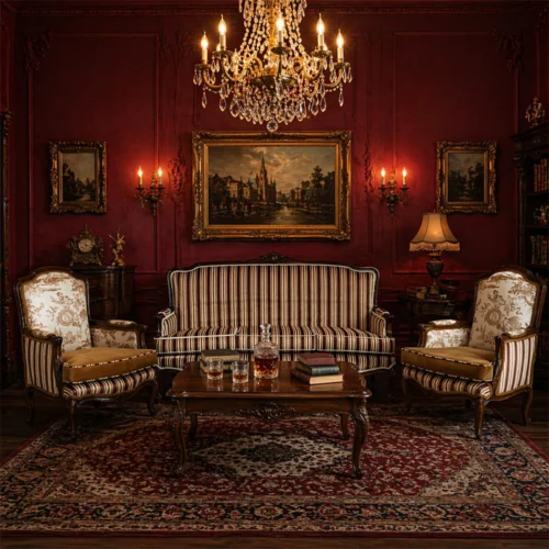 Toile and Stripes Armchairs and Sofa Setting